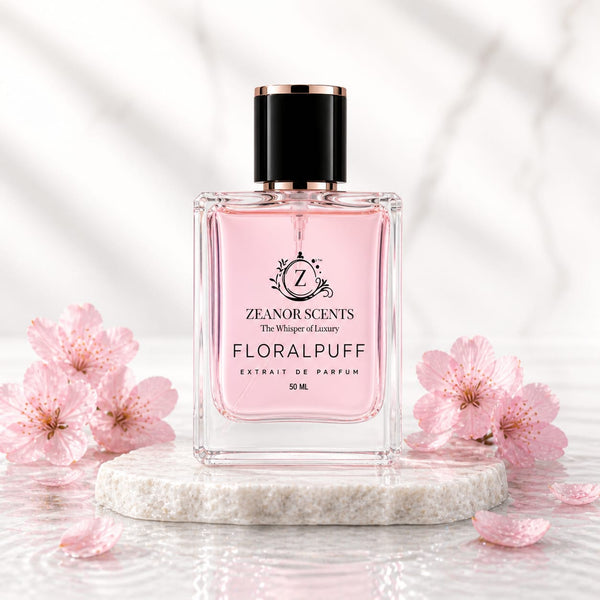 FloralPuff Extrait de Parfum 50ml by Zeanor Scents with cherry blossoms