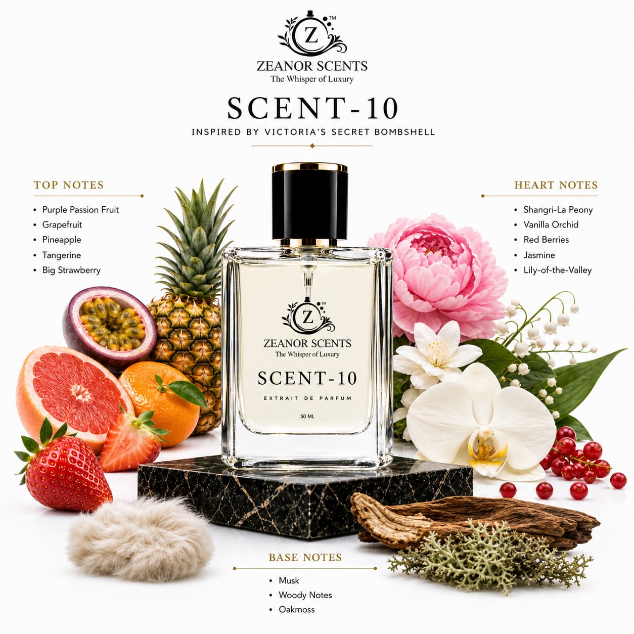 SCENT-10 by Zeanor Scents fragrance notes chart showing passionfruit grapefruit peony vanilla orchid and oakmoss Bombshell inspired perfume