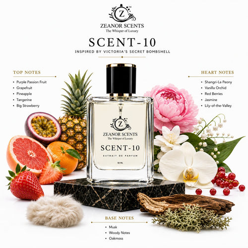 SCENT-10 by Zeanor Scents fragrance notes chart showing passionfruit grapefruit peony vanilla orchid and oakmoss Bombshell inspired perfume