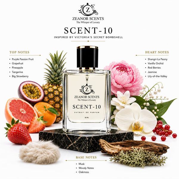SCENT-10 by Zeanor Scents fragrance notes chart showing passionfruit grapefruit peony vanilla orchid and oakmoss Bombshell inspired perfume