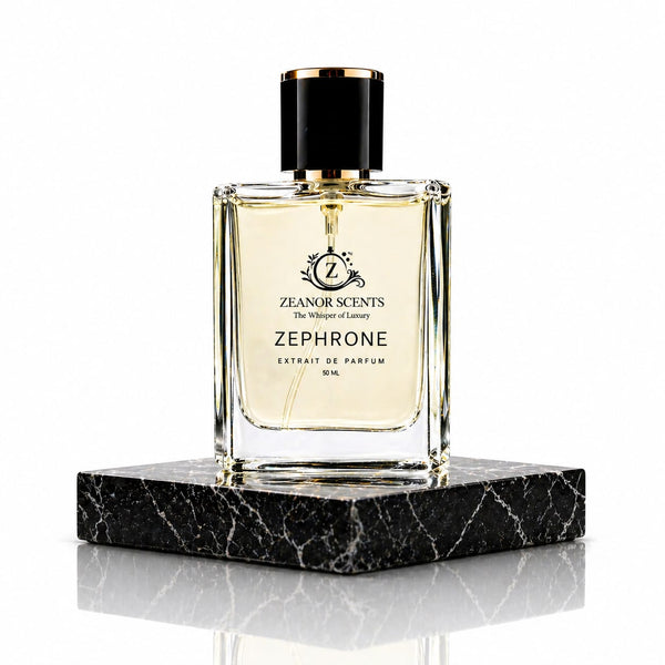 Perfume bottle labeled 'Zephrone' by Zeanor Scents on a black marble platform.