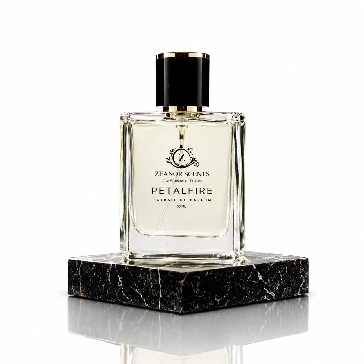 Perfume bottle labeled 'Petalfire' by Zeanor Scents on a marble platform with a white background