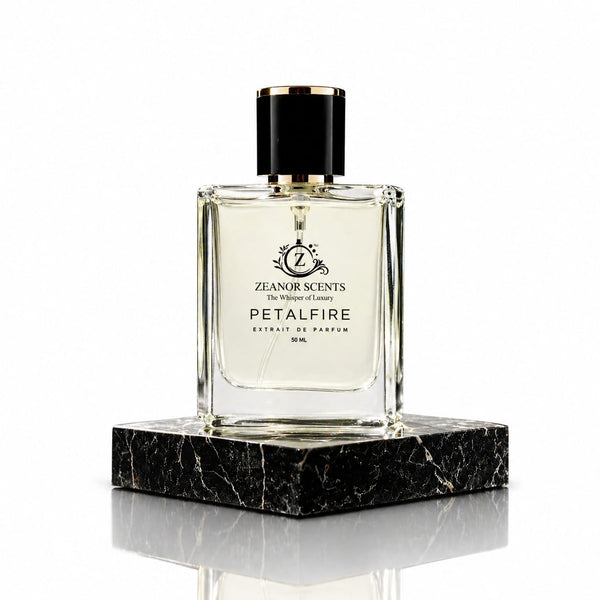 Perfume bottle labeled 'Petalfire' by Zeanor Scents on a marble platform with a white background
