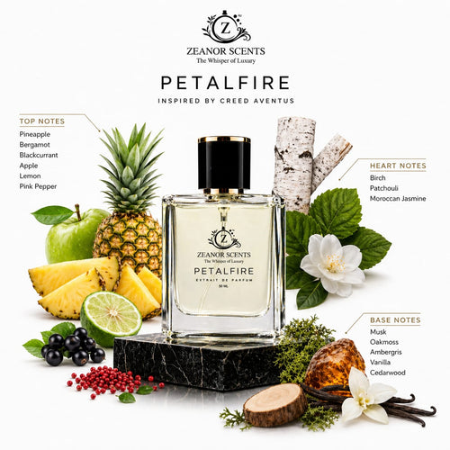 Zeanor Scents Petalfire perfume bottle with ingredients and branding on a white background