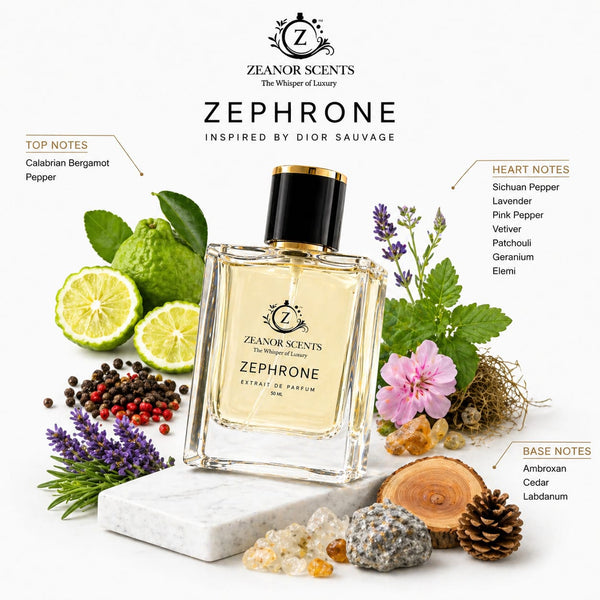 Perfume bottle labeled 'Zephrone' by Zeanor Scents with botanical elements on a white background