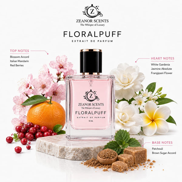 FloralPuff perfume notes – jasmine gardenia patchouli by Zeanor Scents Pakistan